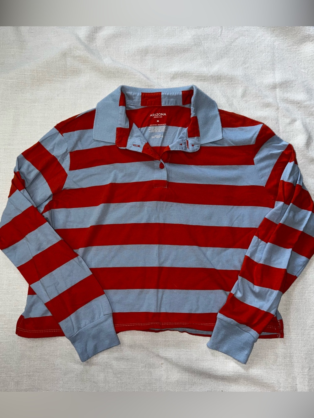 Arizona Jean Company Red and Light Blue Striped Long Sleeve Polo Crop